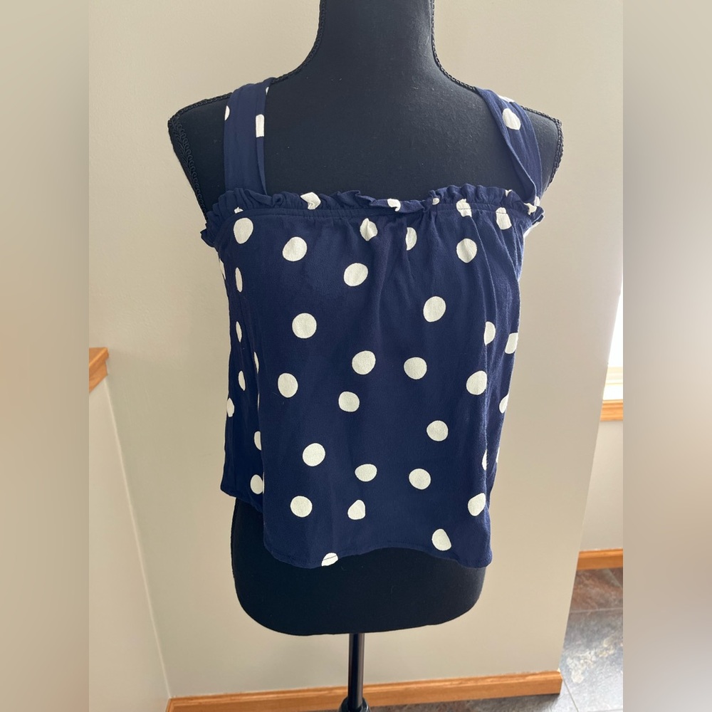Maeve Anthropologie blue white polka dot cropped sleeveless swing top. Size 4